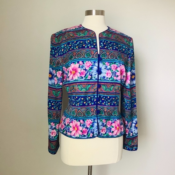 Vintage Adrianna Pappell New York 100% Silk Floral Blazer Jacket Size 10 - Picture 6 of 16